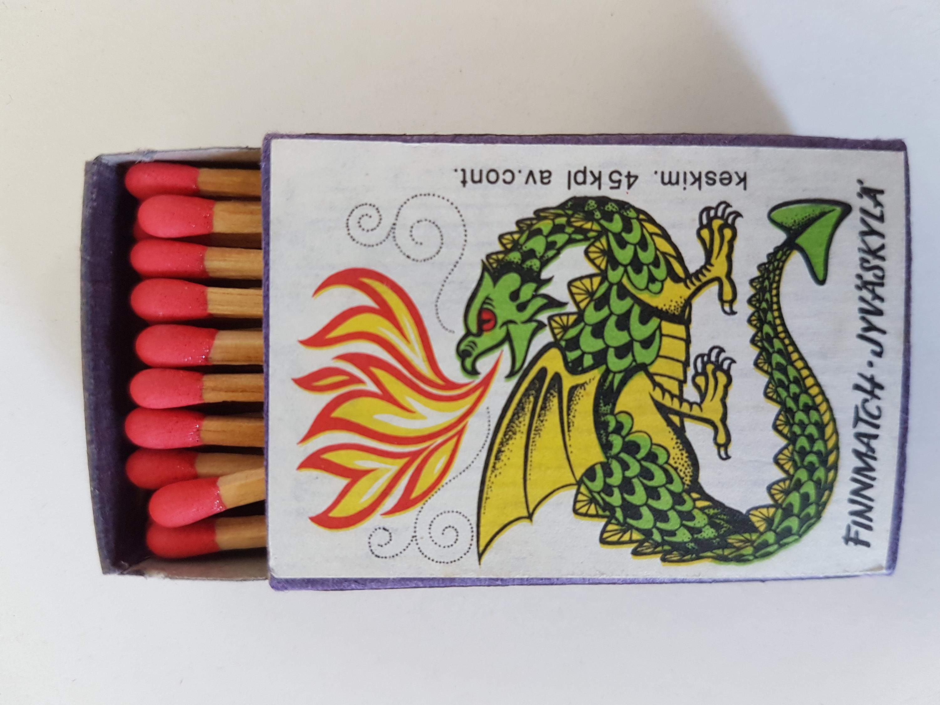 Feuerspeiender Drache, Zündholzschachtel Finnland