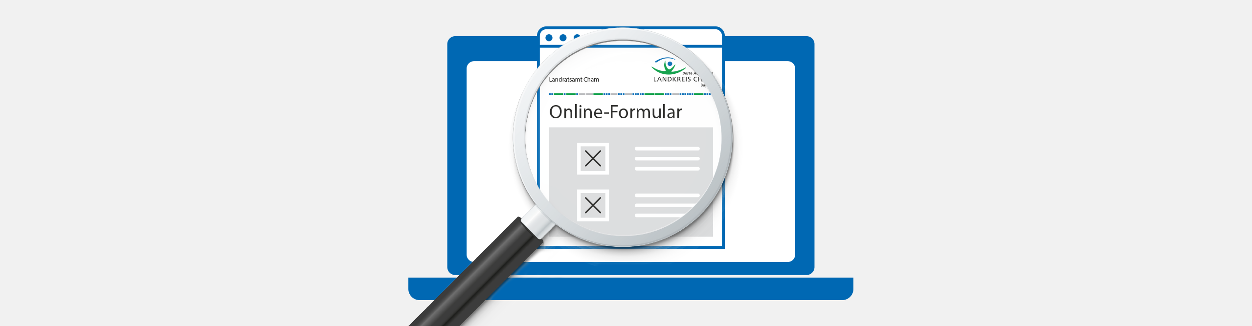 Lupe über einem am Laptop geöffnetem Online-Formular