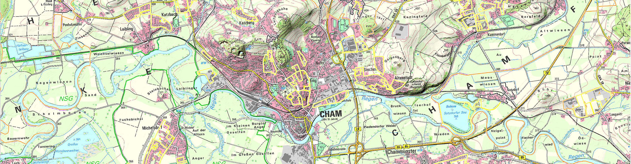 Karte von Cham mit gelben Markierungen der Bauleitpalnung